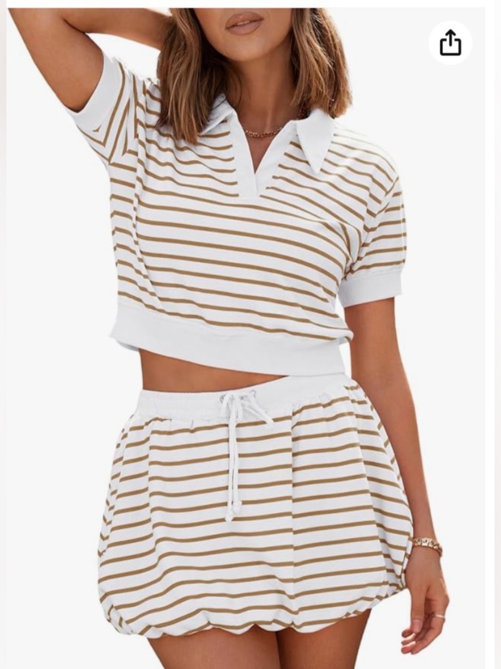 White and Tan Striped Drawstring Mini Skirt - Women